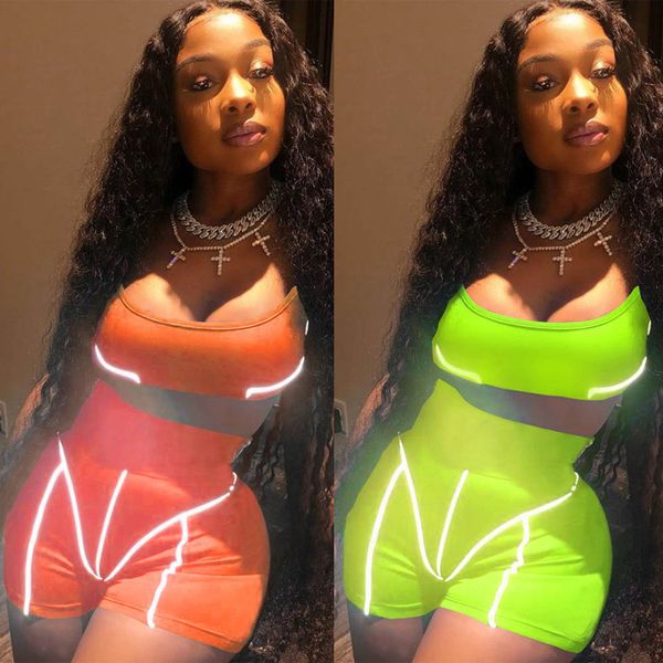 

women reflective strip 2 two pieces tracksuit summer neon color short sleeve crop biker shorts matching set outfits sportswear clothing, Gray