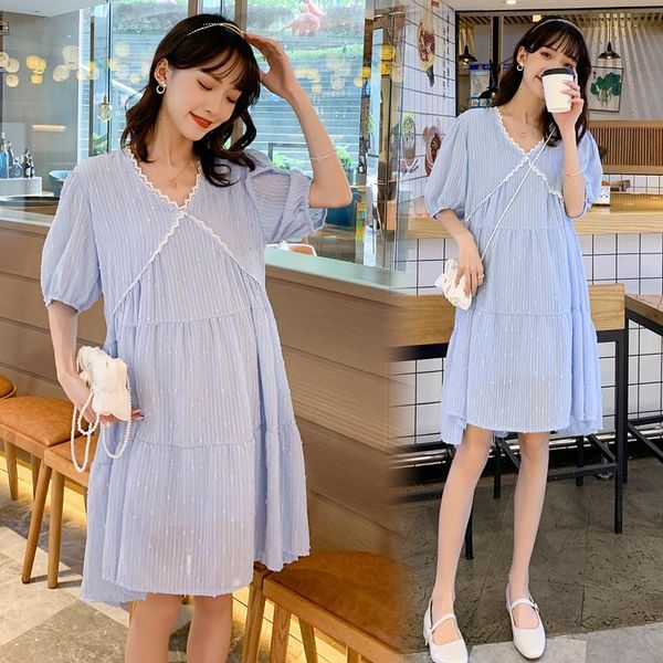 

maternity dresses summer hubble-bubble sleeve v-neck pure color loose dress plus size pregnant woman blue chiffon nice, White