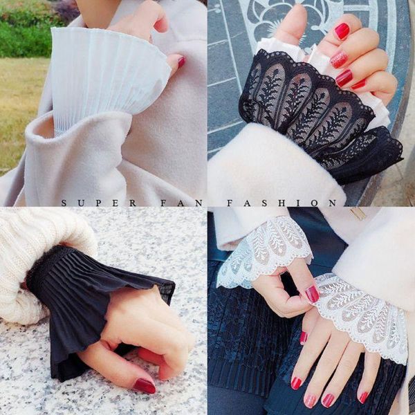 

five fingers gloves richkeda store 2pcs/pair 4 styles women girls fake flare sleeves floral lace pleated ruched false cuffs sweater, Blue;gray