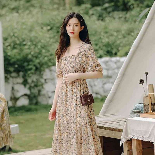 Chic Kore Tarzı Rahat Yarım Puf Kol Kadınlar Çiçek Elbise Kare Yaka Esneklik Yaz Maxi Şifon Kadın Robe 210521