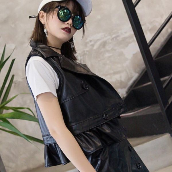 

women's vests fashion women sheepskin genuine leather sleeveless vest jacket punk ruffles waistcoat outwear coat female bikers top, Black;white