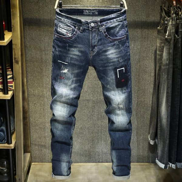 

men's fashion trend straight denim pants trousers slim casual jeans, Blue