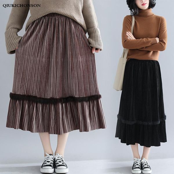 

skirts literary vintage long midi pleated skirt high waisted women elastic waist fur hem patchwork velvet rokjes, Black