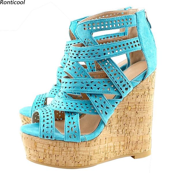 

sandals ronticool 2021 fashion women summer hollow wedges high heels open toe gorgeous 6 colors banquet shoes us size 5-20, Black