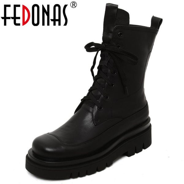 

boots fedonas classic design ankle genuine leather lace up chunky heels pumps for women winter est working casual shoes woman, Black