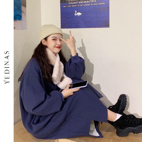 

yedinas women loose dress ladies fashion o neck long sleeve sweater dresses autumn winter korean style oversize pullover femme casual, Black;gray