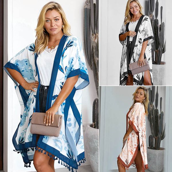 Strandmäntel Damen Cape Urlaub Hawaii Kimono Bluse Strickjacke Frau Meer Quaste Sonnenschutzkleidung Mittellanger lockerer Mantel Tägliche Freizeitkleidung