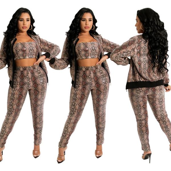 

women's two piece pants 2022 ladies snake print long-sleeved trousers zipper cardigan three-piece chest wrap, White
