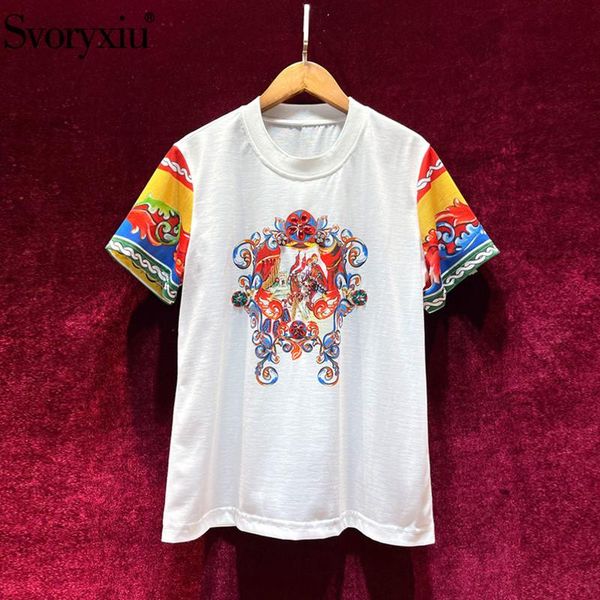 

women's t-shirt svoryxiu designer fashion summer plus size t shirts short sleeve crystal diamond warrior print vintage tees female, White