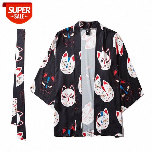 

japanese xiaoqing lucky cat road robe prajna mask kimono jacket #gg8d, White;black