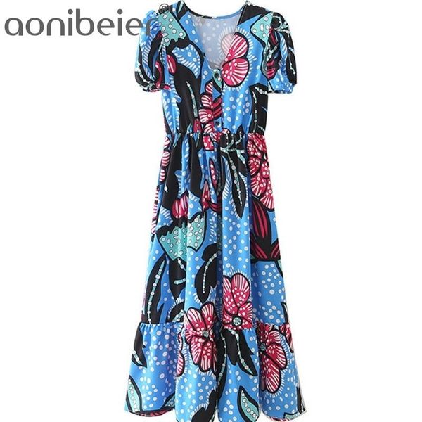

floral print summer short puff sleeve v neck women long dress button front ruffles female casual high waist midi 210604, Black;gray