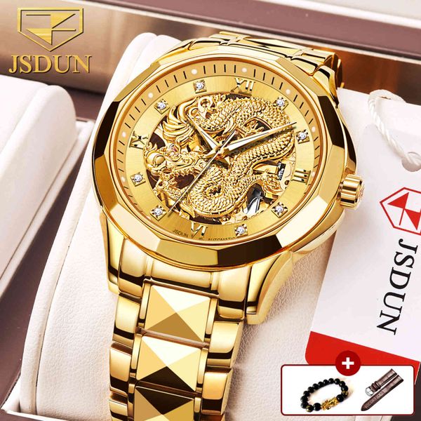 

jsdun brand luxury automatic mechanical watches for men gold dragon watch waterproof fashion unique gift relogio masculino, Slivery;brown