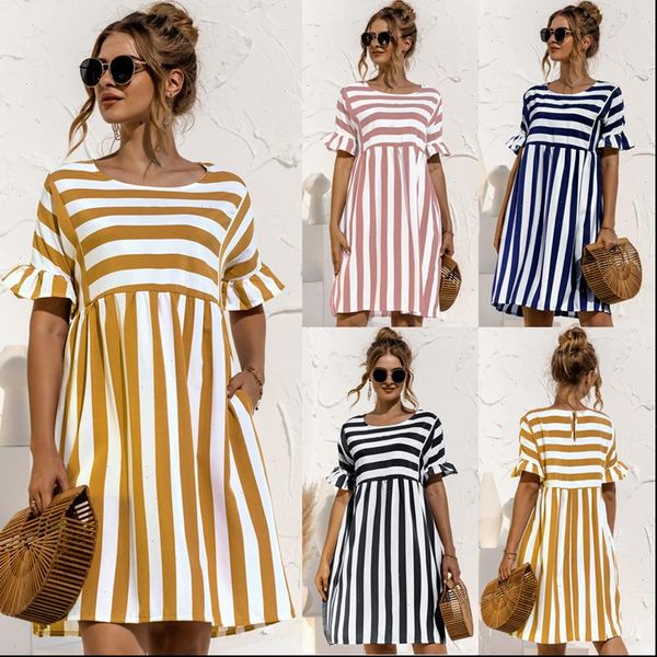 

womens dresses leosoxs summer fashion o neck dress casual loose solid short sleeve ruffle patchwork pocket ladies stripe, Black;gray