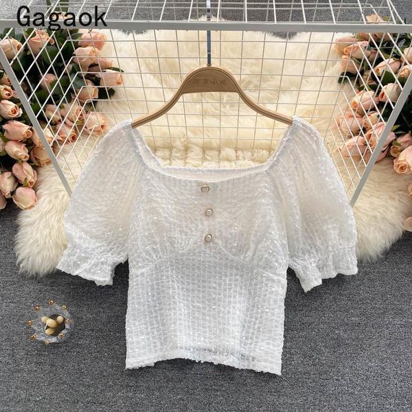 

women's blouses & shirts gagaok blusas de mujer 2021 summer square collar puff sleeve solid sweet button women shirt slim fashion korea, White