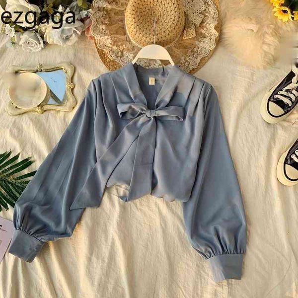 

ezgaga lace up women shirts long sleeve loose chic fashion chiffon bowknot solid office lady korean all-match blouse blusas 210430, White