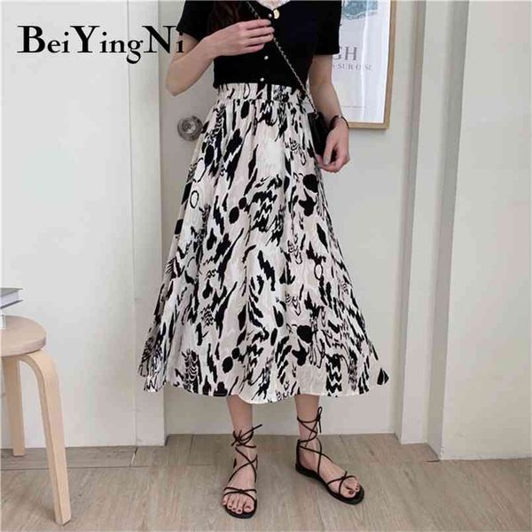 

skirts women elegant casual mid calf print vintage chiffon a-line high waist skirt long kpop faldas clothes jupe 210506, Black