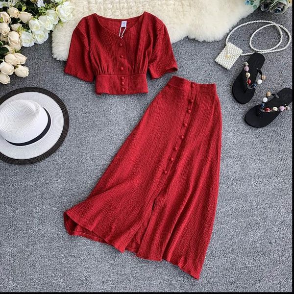 

womens tracksuits fashion two piec set solid color simple single breasted short sleeved skirt piece suit, Gray