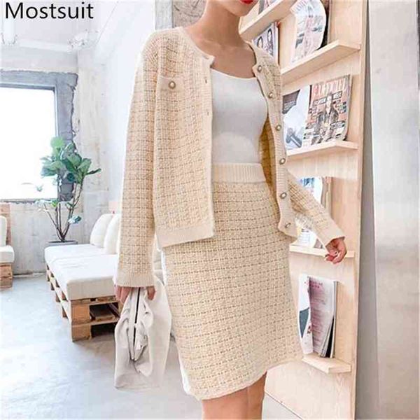 

autumn knitted elegant two piece sets outfits single-breasted cardigan + pencil skirt suits vintage ladies fashion 210513, White