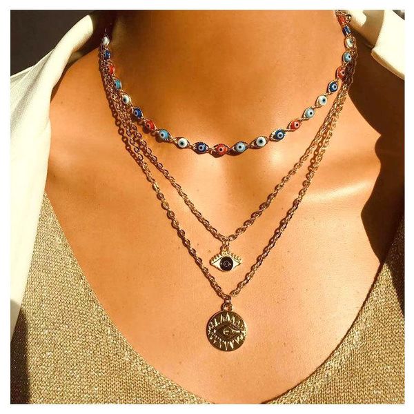 

pendant necklaces exquisite 3 layers enamel evil eye necklace for women gifts gold color alloy cross fashion jewelry wholesale, Silver