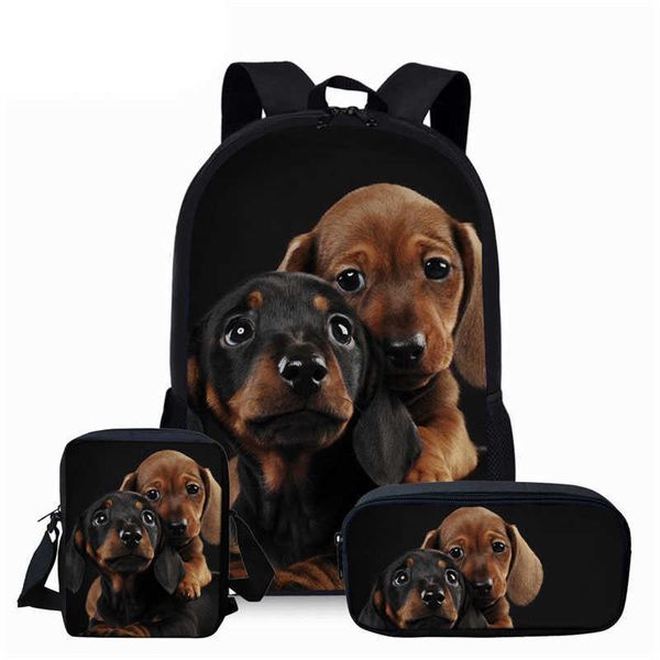 3 Stücke Schulranzen für Mädchen Jungen Nette 3D Dackel Hund Druck Schultasche Kinder Kinder Buchtaschen Primärschüler Büchertaschen Bagpack X0529