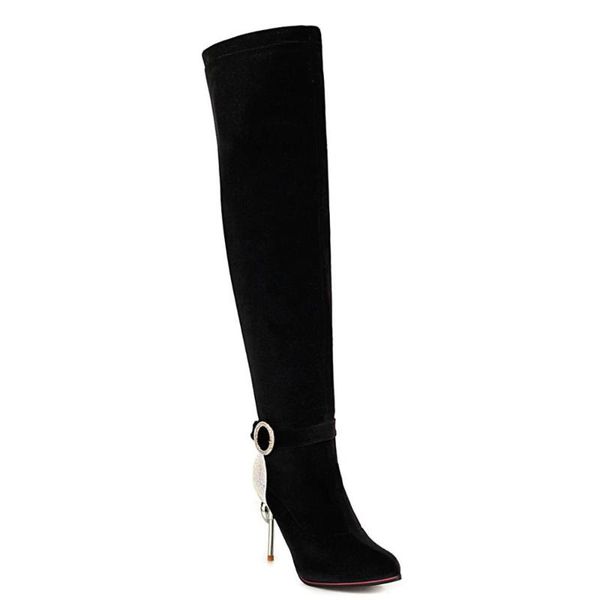

boots super high metal stiletto flannel ankle belt buckle over the knee frosted suede wine glass with diamond heel long, Black