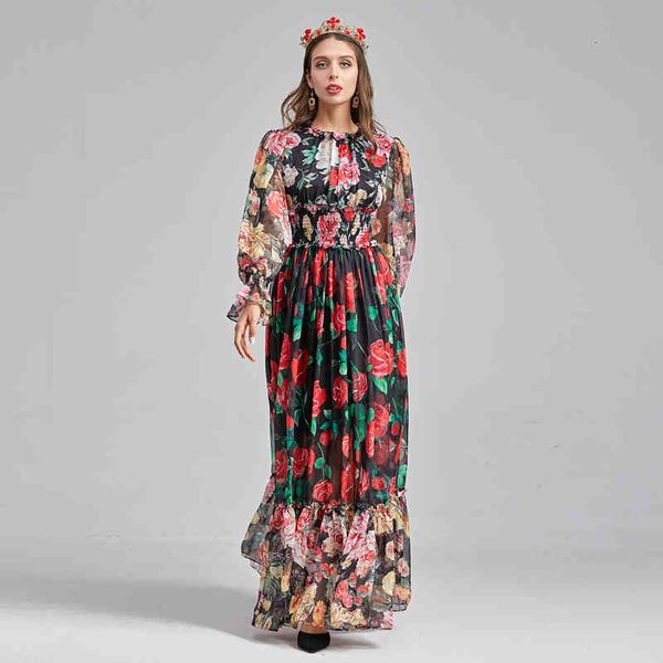 

dress dressed spring fall 2021 party women holiday elastic band thin flower printing long chiffon dresses, Black;gray