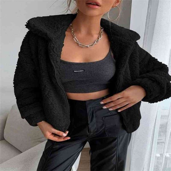 

zip up drop shoulder fleece jacket women's autumn and winter artificial fashion cardigan short jacket plush coat 220118, Black;brown