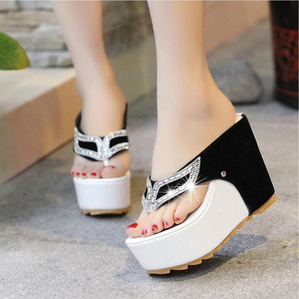 

sandals fashion sequins platform women's 2021 summer 11cm slippers woman thick soled beach wedge shoes flip-flops, Black