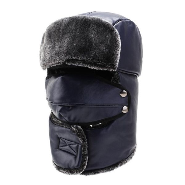 

berets winter men women bomber hats water resistant pu leather thick soft fur hat for biking skiing outsports, Blue;gray