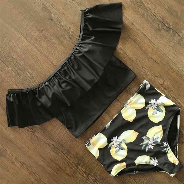

high waist bikini print swimwear women swimsuit flounce shoulder strap mujer bathing suit floral beach wear biquini 210629, White;black