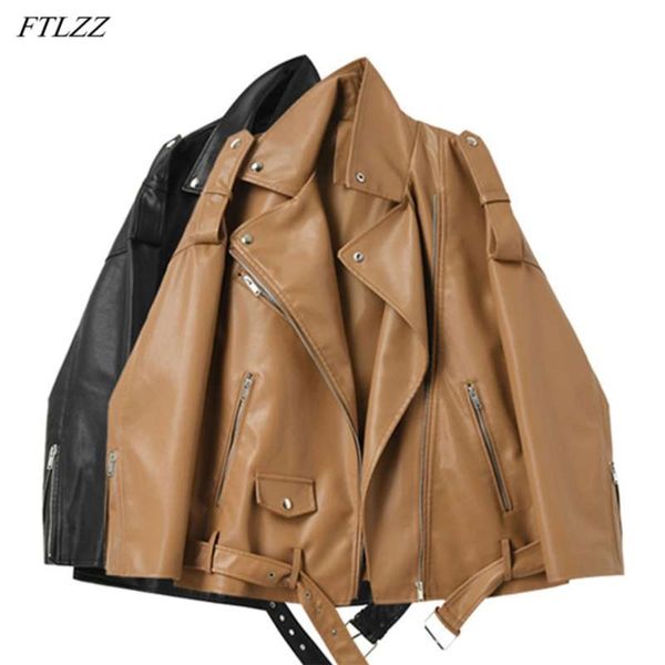 

ftlzz spring autumn faux leather jacket loose casual coat female drop-shoulder motorcycles locomotive outwear with belt 210927, Black
