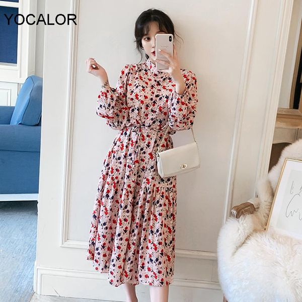 

casual dresses yocalor plus size floral print dress long sleeve waist hugging wrinkle flounced mid-length girl spring summer vestido, Black;gray