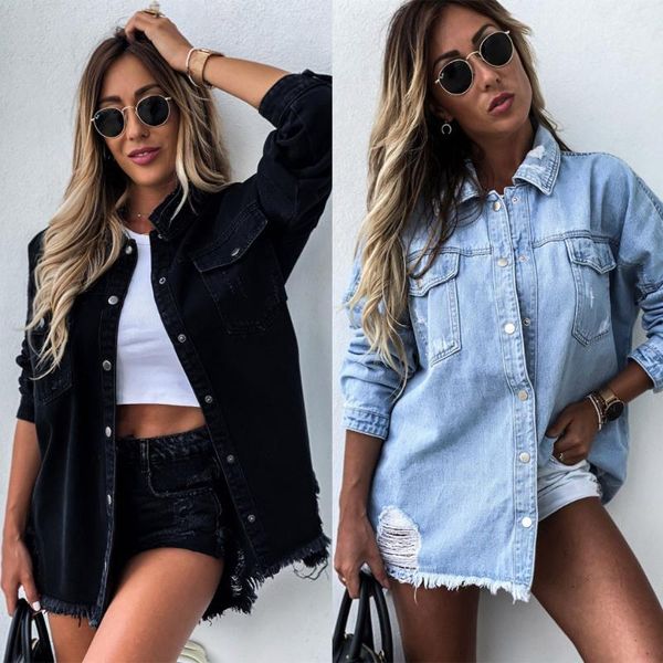 

women's jackets women denim blue jean jacket hole fashion long coat, Black;brown