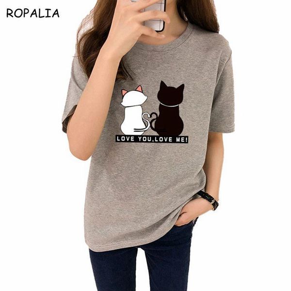 

two cats print women t shirts v neck short sleeve o cotton causal tees slim shirt, White