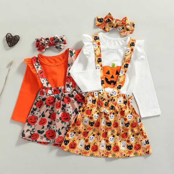 

clothing sets girl\u2021s skirt three piece suit casual round neck long sleeve t-shirt pumpkin print suspender with bow-knot headband, White