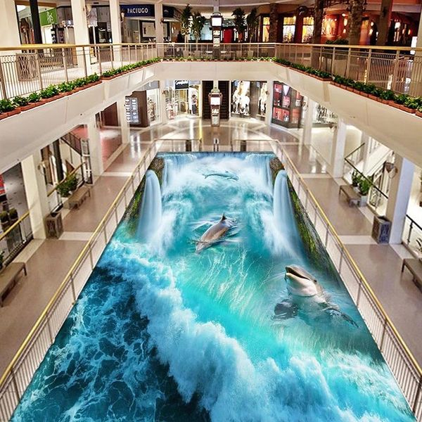 

dolphin sea water waterfall 3d floor mural self adhesive wallpaper bathroom thickened papers home decor living room waterproof wallpapers