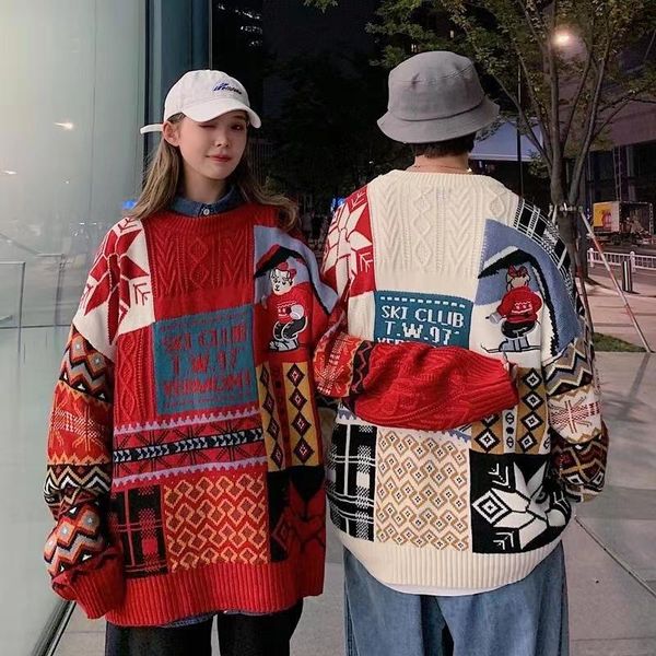 

men's sweaters harajuku punk christmas bear embroidery lazy style loose thick round neck oversized sweater women casual knit street pul, White;black