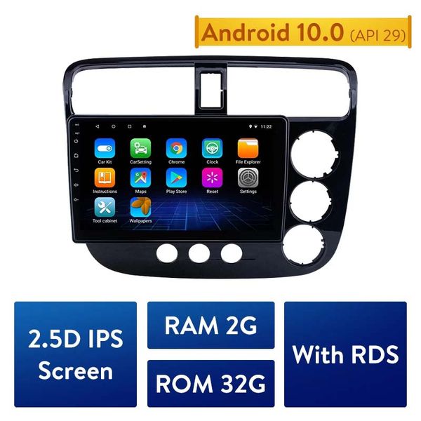 Duplo DIN CAR DVD Radio GPS Multimedia Unit Player para 2001-2005 Honda Civic RHD Manual A / C Android 10.0 2GB RAM