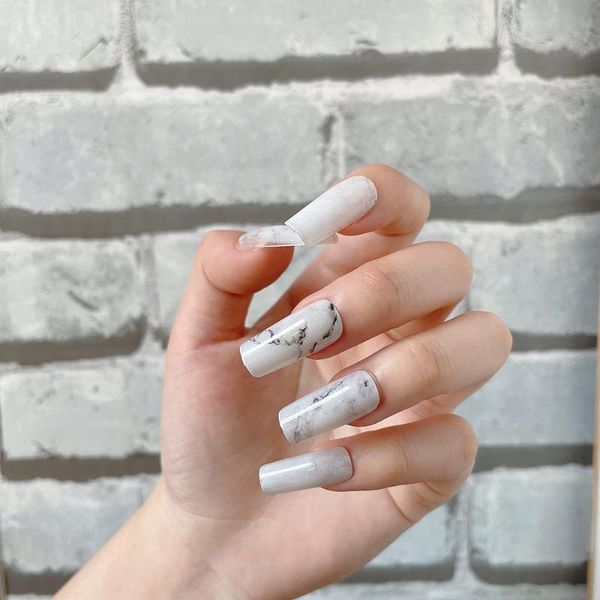 

false nails 24pcs marble pattern fake acrylic dark shiny coffin shape press on full cover nail tips women manicure tool, Red;gold