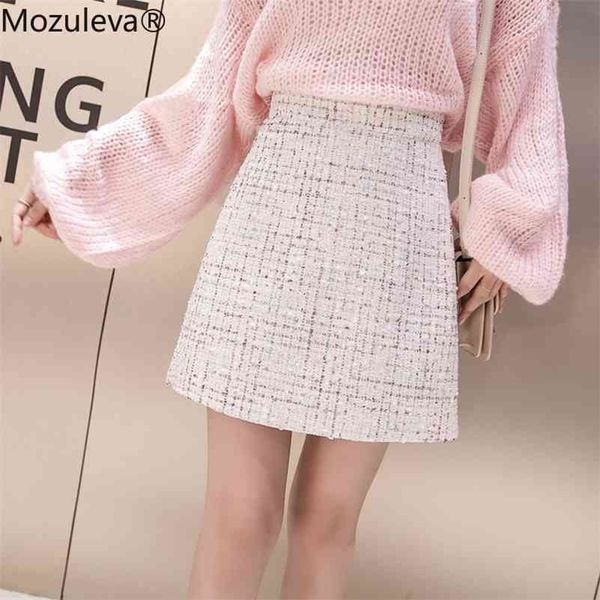 

women tweed half-length autumn winter high waist plaid wollen tassel short chic black bodycon a line skirt 210416