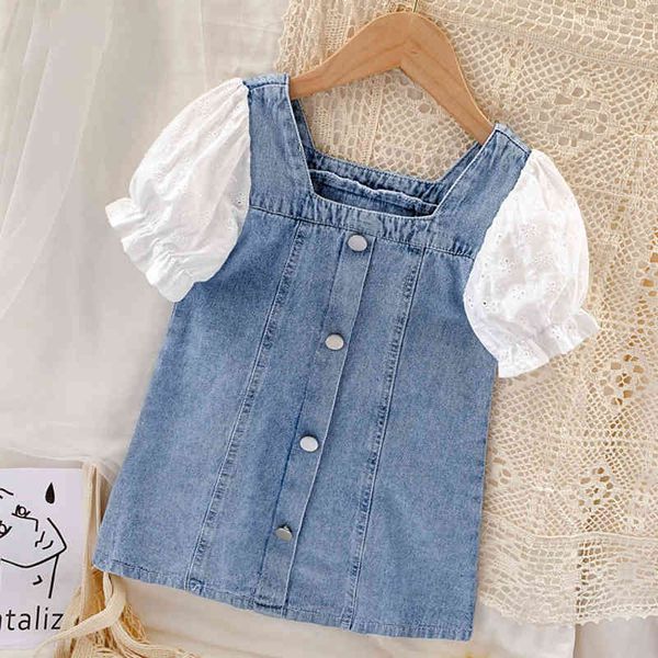 

denim dress children's clothes summer short-sleeve square neck patchwork single-breasted fashion girls 210515, Red;yellow