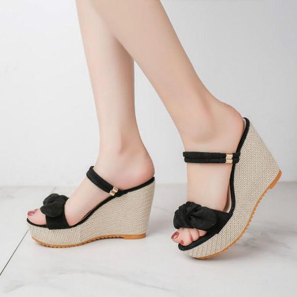

summer wedge women sandals fish mouth high heels rome thick platform waterproof sweet bow non-slip ladies shoes, Black