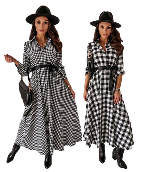 

women's dresses 2021 long sleeve plaid girdle oversized, Black;gray