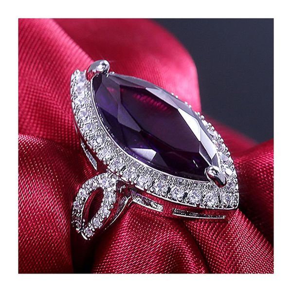

cluster rings woman prom party ring purple cubic zirconia size 10 * 20mm water drop eye shape style crystal ladies jewelry, Golden;silver