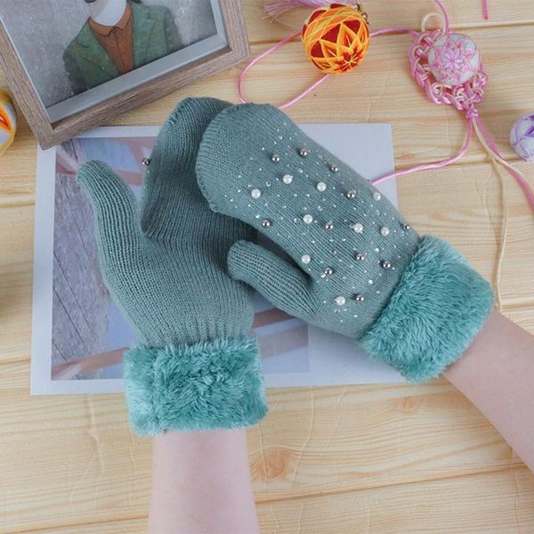

five fingers gloves plus velvet inside female elegant soft women' winter keep warm cashmere lovely printing weave knitted flip, Blue;gray