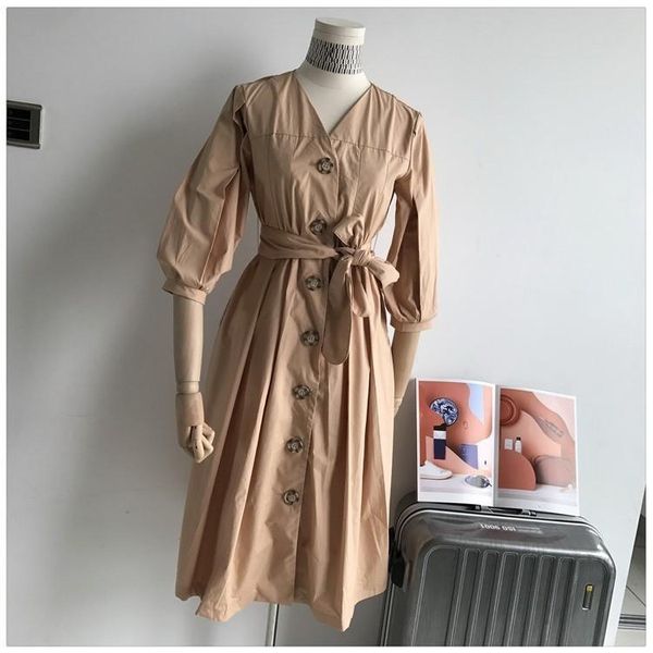 

women's trench coats [livivio] cotton khaki coat for women single breasted sash lace up waisted 2021 autumn fall fashion clothing, Tan;black