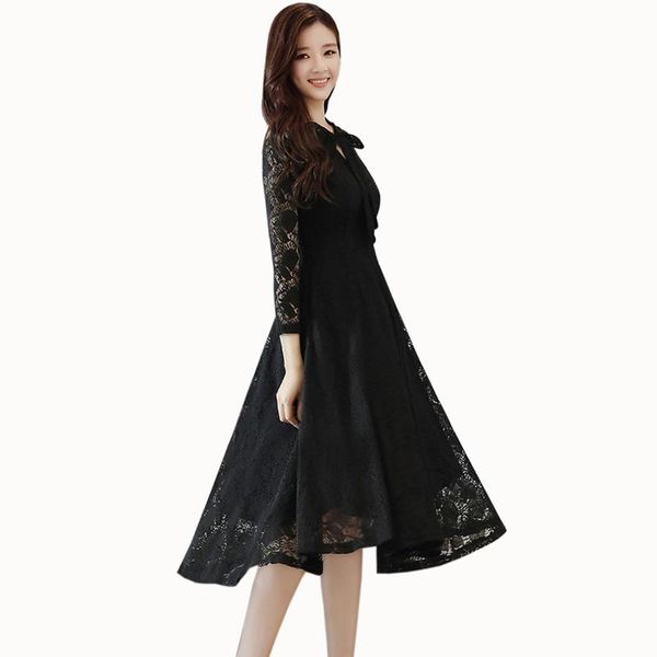 

black vintage lace dress women spring fashion hollow out o-neck a-line summer elegant slim long sleeve casual dresses, Black;gray