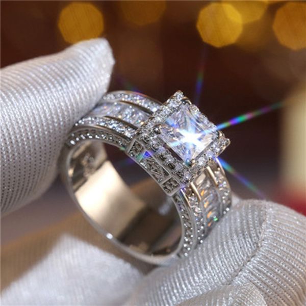 

925 sterling silver plated wedding ring diamond cubic zircon engagement band rings for women men vintage lovers finger jewelry gift, Slivery;golden