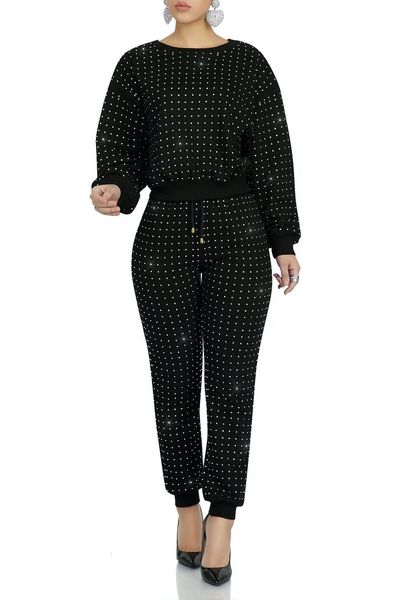 

luxury full drilling women outfits est o neck long sleeves loose t shirt + pants glitter lady nightclub two pieces sets, Gray