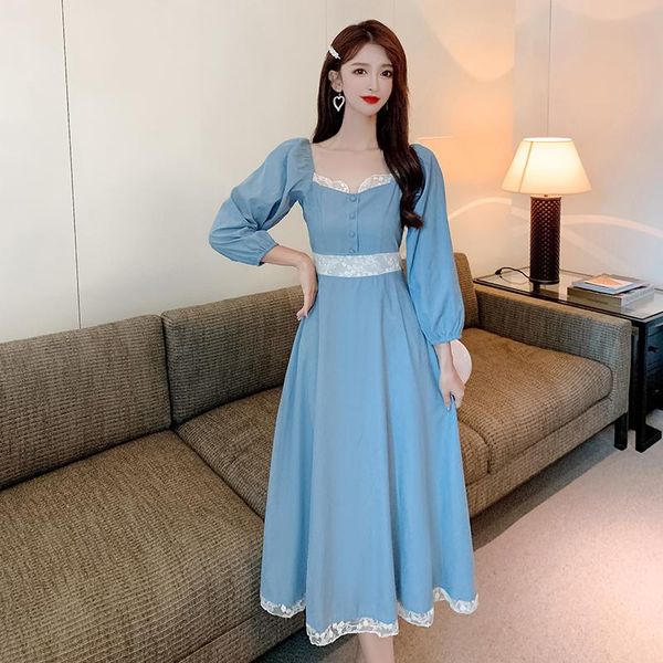

casual dresses women korean dress fashion one piece autumn spring 2022 office lady full sleeve patchwork solid high waist robe, Black;gray